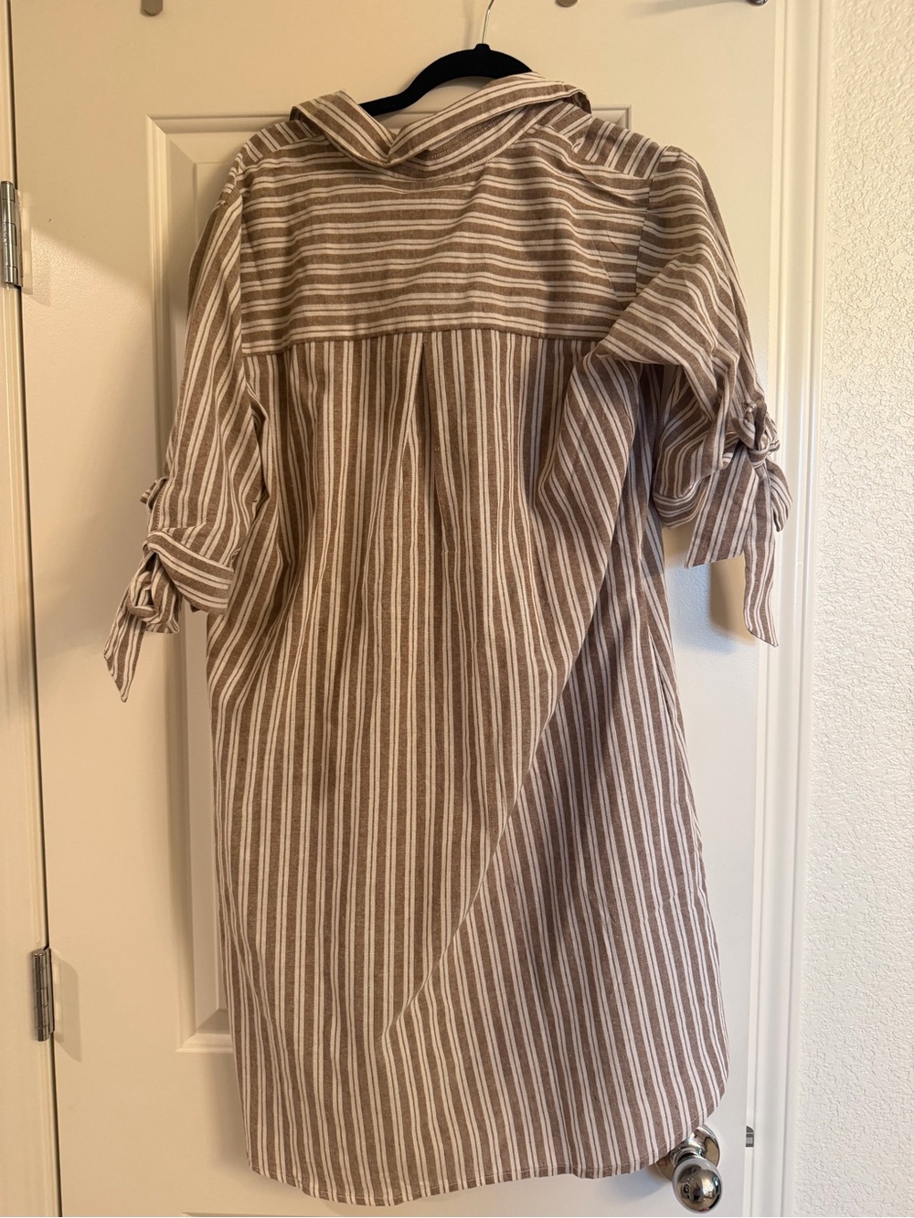 Striped Tan and White Button-Back Shirt Dress